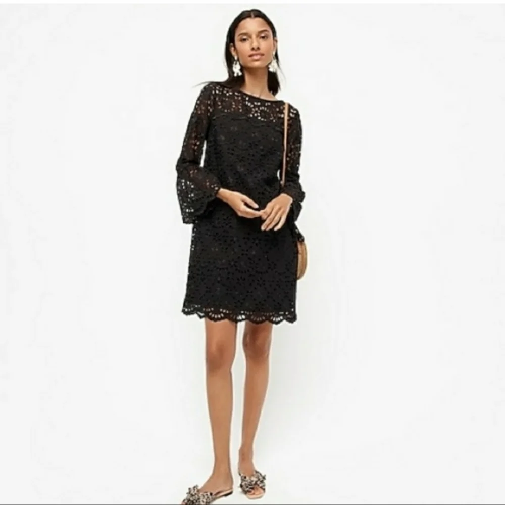 J.Crew Cora Lace Embroidered Eyelet Black Bell Sleeve Dress Size 0